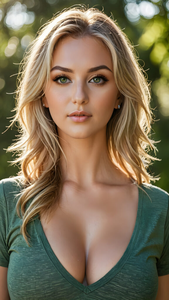 a ((high resolution)) photo, capturing a (((3/4 shot))) of a (((young busty girl))), long straight summer blonde hair, with ((intricate details around her eyes)), dressed in ((sexy thin t-shirt, deep v-neck, open front)), in a (subtly detailed, yet vividly realistic colors). Her ((skin glows)) against the ((sunny green)) backdrop, suggesting a whimsically romantic atmosphere