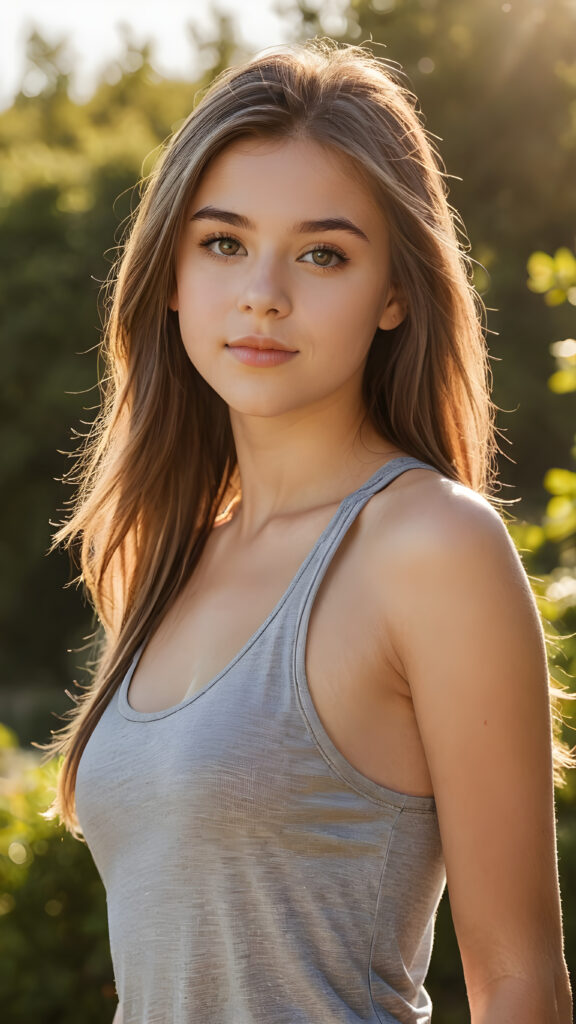 a ((high resolution)) photo, capturing a (((young stunning gorgeous young teen girl))), long straight soft hair, with ((realistic beautiful eyes)), dressed in ((sexy thin tank top)), she has flawless soft skin, against the ((sunny)) backdrop, suggesting a whimsically romantic atmosphere