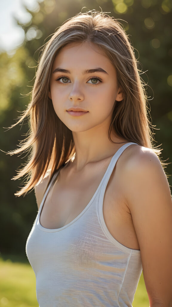 a ((high resolution)) photo, capturing a (((young stunning gorgeous young teen girl))), long straight soft hair, with ((realistic beautiful eyes)), dressed in ((sexy thin tank top)), she has flawless soft skin, against the ((sunny)) backdrop, suggesting a whimsically romantic atmosphere