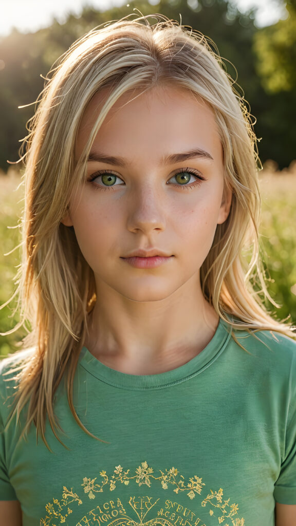 a ((high resolution)) photo, capturing a (((3/4 shot))) of a (((young girl’s face))), long straight summer blonde hair, with ((intricate details around her eyes)), dressed in ((sexy thin t-shirt)), in a (subtly detailed, yet vividly realistic colors). Her ((skin glows)) against the ((sunny green)) backdrop, suggesting a whimsically romantic atmosphere