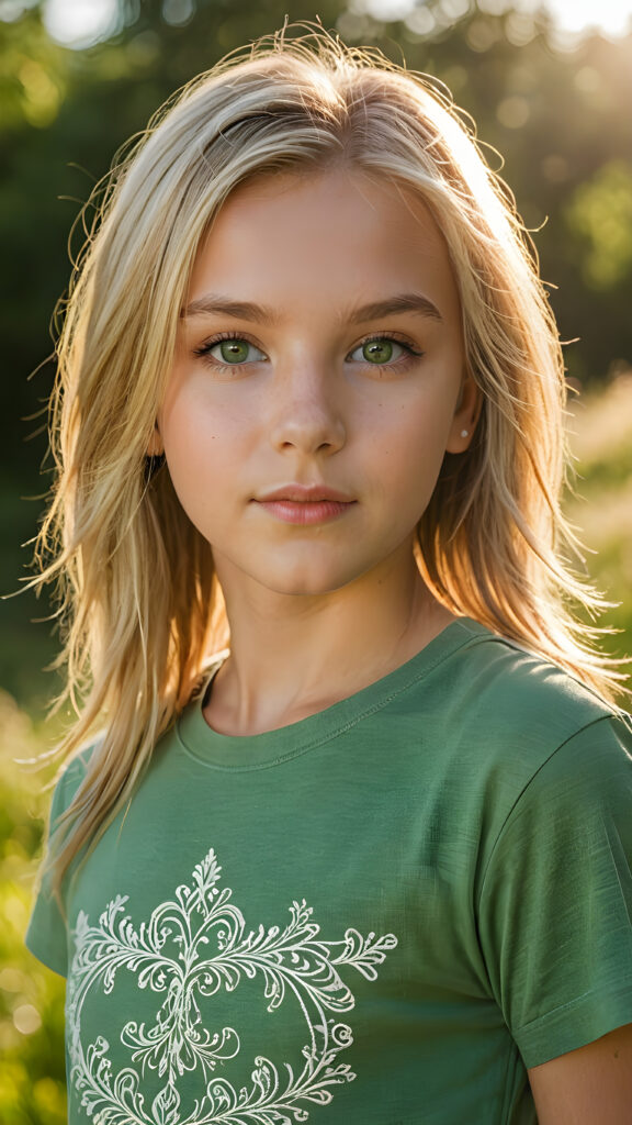 a ((high resolution)) photo, capturing a (((3/4 shot))) of a (((young girl’s face))), long straight summer blonde hair, with ((intricate details around her eyes)), dressed in ((sexy thin t-shirt)), in a (subtly detailed, yet vividly realistic colors). Her ((skin glows)) against the ((sunny green)) backdrop, suggesting a whimsically romantic atmosphere