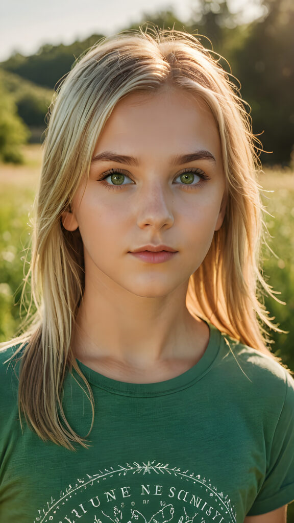 a ((high resolution)) photo, capturing a (((3/4 shot))) of a (((young girl’s face))), long straight summer blonde hair, with ((intricate details around her eyes)), dressed in ((sexy thin t-shirt)), in a (subtly detailed, yet vividly realistic colors). Her ((skin glows)) against the ((sunny green)) backdrop, suggesting a whimsically romantic atmosphere