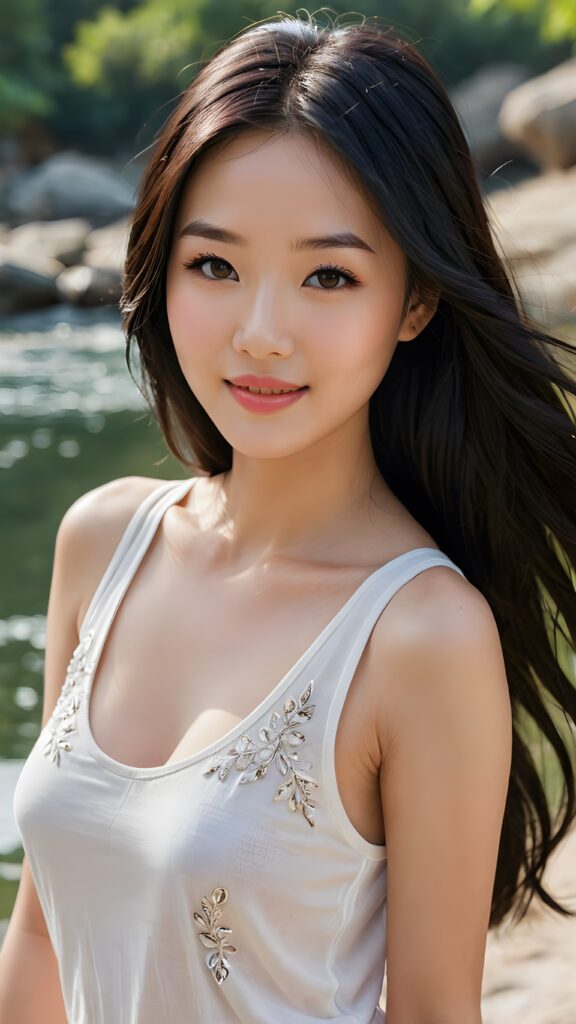 a (((highly detailed and beautifully drawn full body image))) featuring a (((stunningly gorgeous asian girl))), with delicate, pale skin and ((very long, black straight hair)), dressed in a ((white, flowing, tank top)) that perfectly complements her flawless figure. Her face exudes a sense of serenity and elegance, with (((pale lips))), perfectly aligned and coordinated, and (((adorable eyes))). The image exudes a sense of crisp, full color and luxurious detail. ((She is smiling)) in a way that shows her best features.