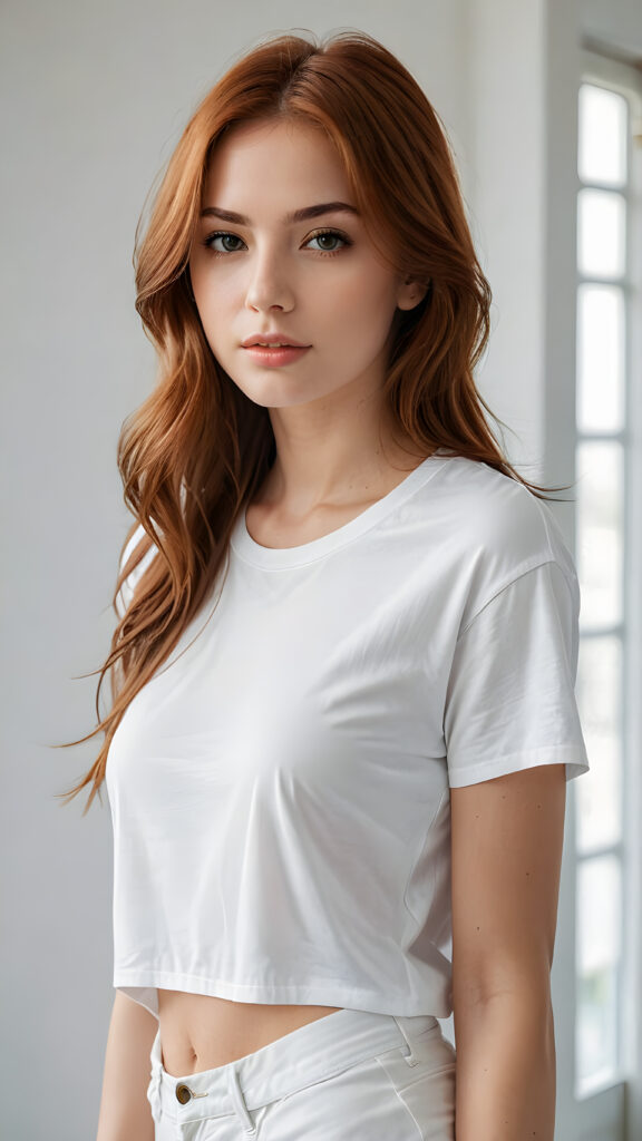 a (((highly detailed full body photograph))), capturing a (((beautiful young girl))) with long, straight, smooth auburn hair that flows down past her shoulders. Her face is perfectly shaped, with full, kissable lips and a slightly open mouth. She's dressed in a (((white cropped plain t-shirt))), highlighting her perfectly proportioned figure. The scene is (extremely detailed) and (super realistic), with a (natural, soft light) that brings out her natural beauty