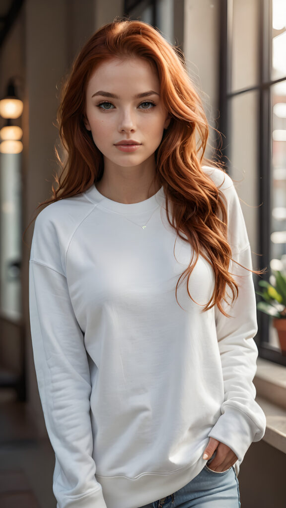 a (((highly detailed full body photograph))), capturing a (((beautiful young girl))) with long, sleek, smooth red hair that flows down past her shoulders. Her face is perfectly shaped, with full, kissable lips and a slightly open mouth. She's dressed in a (((white sweatshirt))), highlighting her perfectly proportioned figure. The scene is (extremely detailed) and (super realistic), with a (natural, soft light) that brings out her natural beauty