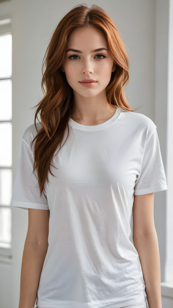 a (((highly detailed full body photograph))), capturing a (((beautiful young girl))) with long, straight, smooth auburn hair that flows down past her shoulders. Her face is perfectly shaped, with full, kissable lips and a slightly open mouth. She's dressed in a (((white cropped plain t-shirt))), highlighting her perfectly proportioned figure. The scene is (extremely detailed) and (super realistic), with a (natural, soft light) that brings out her natural beauty