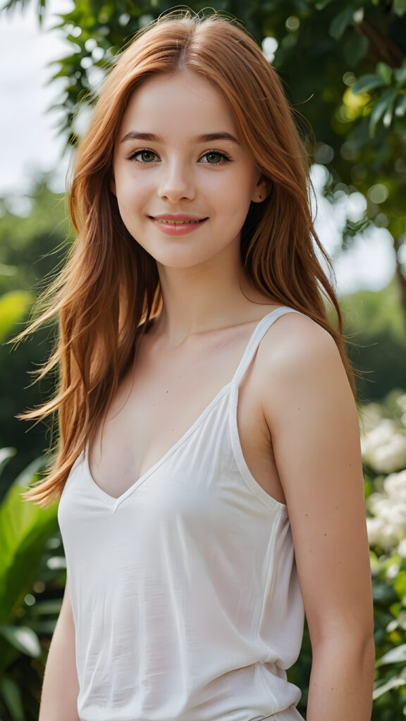 a (((highly detailed and realistic full body image))) featuring a (((stunningly gorgeous teen girl, 14 years old))), with delicate, pale skin and ((very long, red straight hair)), dressed in a ((white, short tank top, deep v-neck and wide front)) that perfectly complements her flawless figure. Her face exudes a sense of serenity and elegance, with (((pale lips))), perfectly aligned and coordinated, and (((adorable eyes))). The image exudes a sense of crisp, full color and luxurious detail. ((She is smiling)) in a way that shows her best features.