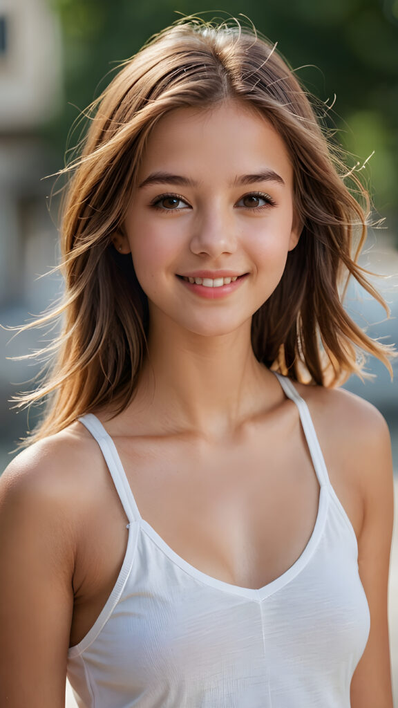 a (((highly detailed and realistic full body image))) featuring a (((stunningly gorgeous young girl))), with delicate, tanned skin and ((very long, light brown straight jet hair)), dressed in a ((white, short tank top, deep v-neck and wide front)). Her found face exudes a sense of serenity and elegance, with (((full kissable lips))), perfectly aligned and coordinated, and (((adorable eyes))). The image exudes a sense of crisp, full color and luxurious detail. ((She is smiling)) in a way that shows her best features.