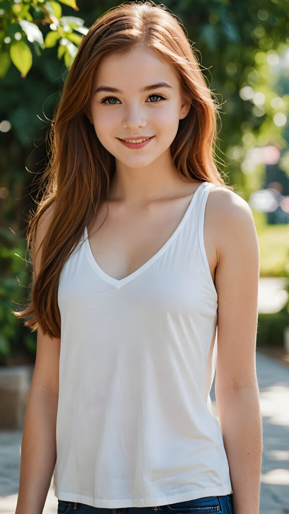 a (((highly detailed and realistic full body image))) featuring a (((stunningly gorgeous teen girl, 14 years old))), with delicate, pale skin and ((very long, red straight hair)), dressed in a ((white, short tank top, deep v-neck and wide front)) that perfectly complements her flawless figure. Her face exudes a sense of serenity and elegance, with (((pale lips))), perfectly aligned and coordinated, and (((adorable eyes))). The image exudes a sense of crisp, full color and luxurious detail. ((She is smiling)) in a way that shows her best features.