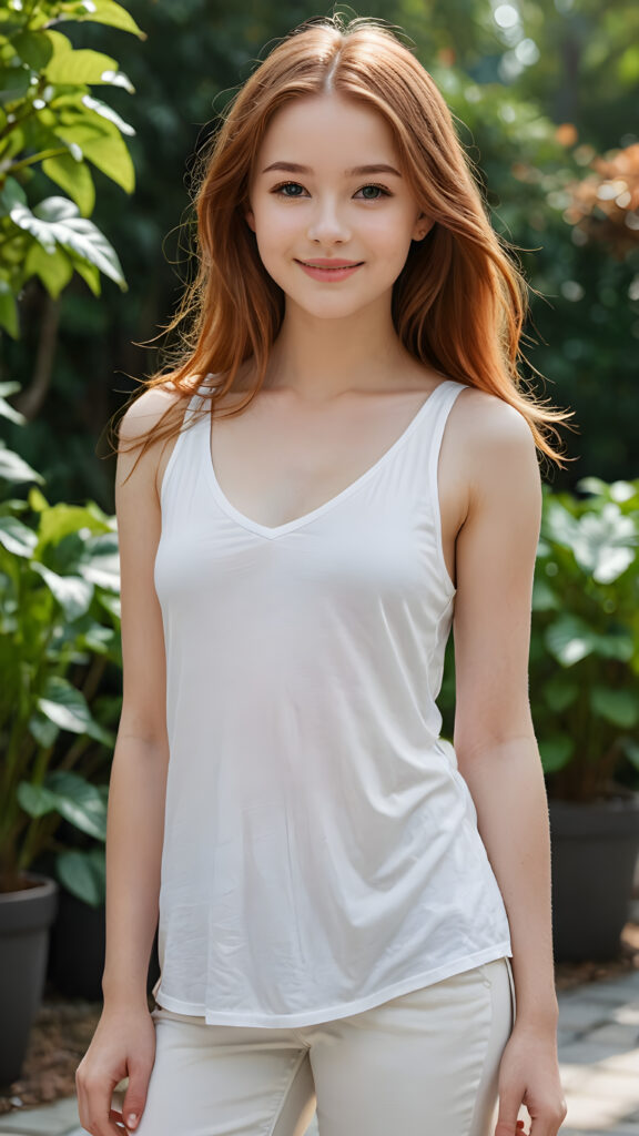 a (((highly detailed and realistic full body image))) featuring a (((stunningly gorgeous teen girl, 14 years old))), with delicate, pale skin and ((very long, red straight hair)), dressed in a ((white, flowing, tank top, deep v-neck and wide front)) that perfectly complements her flawless figure. Her face exudes a sense of serenity and elegance, with (((pale lips))), perfectly aligned and coordinated, and (((adorable eyes))). The image exudes a sense of crisp, full color and luxurious detail. ((She is smiling)) in a way that shows her best features.