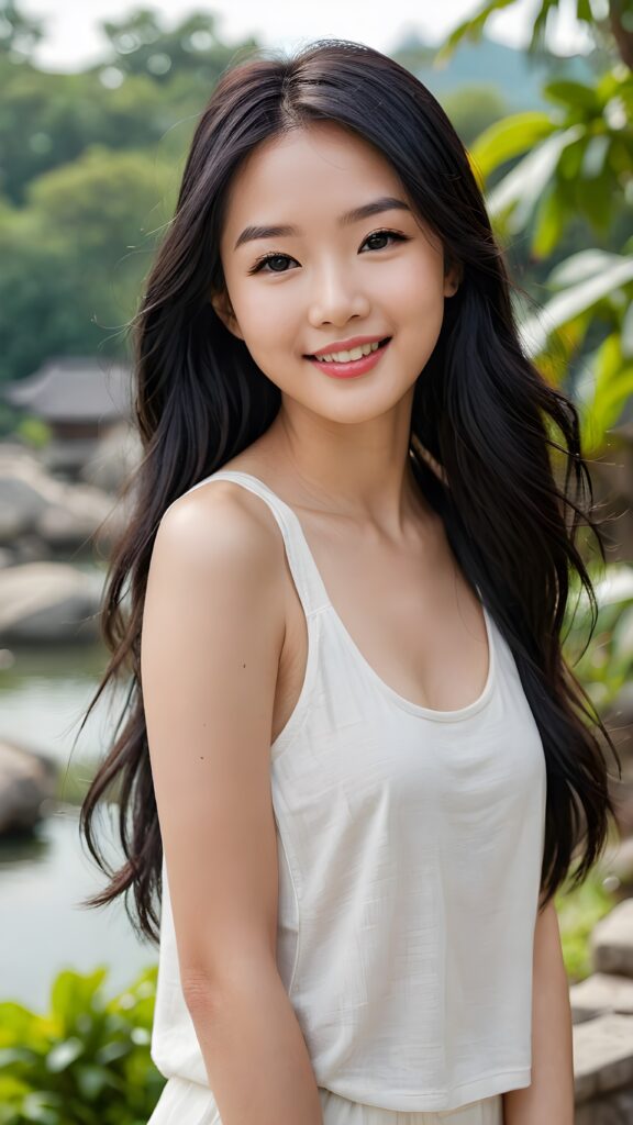 a (((highly detailed and beautifully drawn full body image))) featuring a (((stunningly gorgeous asian girl))), with delicate, pale skin and ((very long, black straight hair)), dressed in a ((white, flowing, tank top)) that perfectly complements her flawless figure. Her face exudes a sense of serenity and elegance, with (((pale lips))), perfectly aligned and coordinated, and (((adorable eyes))). The image exudes a sense of crisp, full color and luxurious detail. ((She is smiling)) in a way that shows her best features.