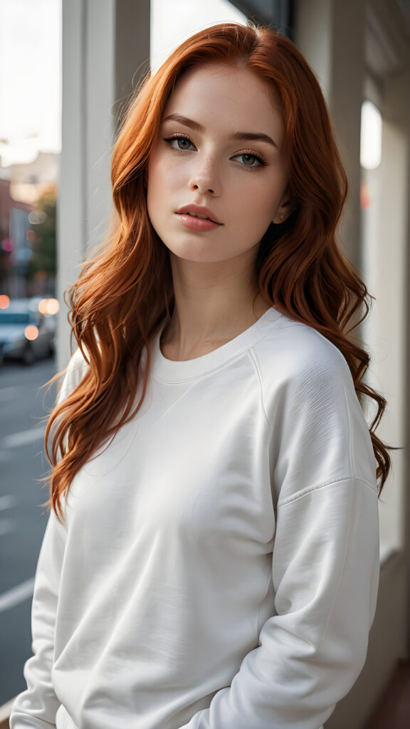 a (((highly detailed full body photograph))), capturing a (((beautiful young girl))) with long, sleek, smooth red hair that flows down past her shoulders. Her face is perfectly shaped, with full, kissable lips and a slightly open mouth. She's dressed in a (((white sweatshirt))), highlighting her perfectly proportioned figure. The scene is (extremely detailed) and (super realistic), with a (natural, soft light) that brings out her natural beauty