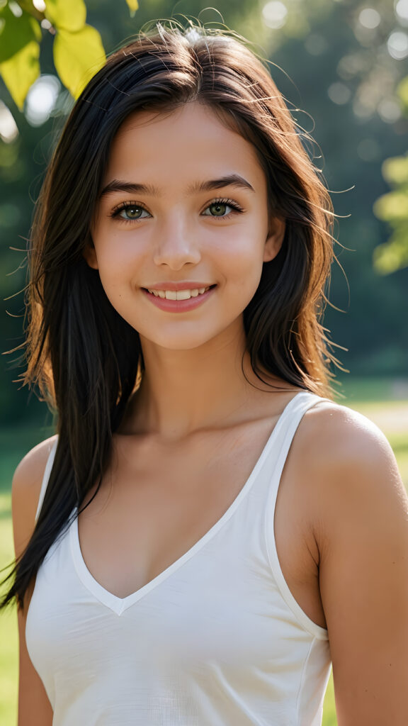 a (((highly detailed and realistic full body image))) featuring a (((stunningly gorgeous teen girl, 14 years old))), with delicate, tanned skin and ((very long, obsidian blue straight hair)), dressed in a ((white, short tank top, deep v-neck and wide front)) that perfectly complements her flawless figure. Her face exudes a sense of serenity and elegance, with (((pale lips))), perfectly aligned and coordinated, and (((adorable eyes))). The image exudes a sense of crisp, full color and luxurious detail. ((She is smiling)) in a way that shows her best features.