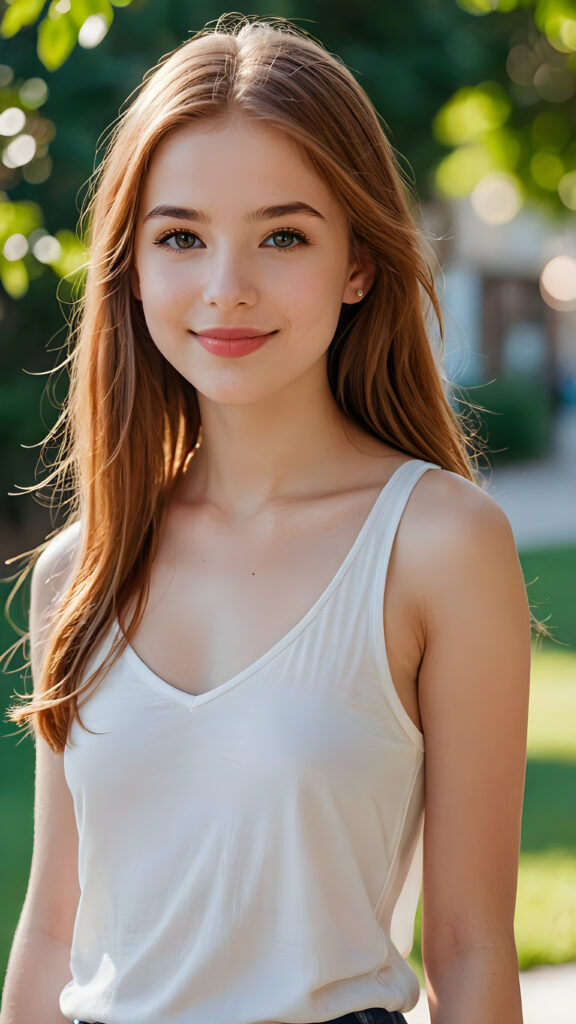 a (((highly detailed and realistic full body image))) featuring a (((stunningly gorgeous teen girl, 14 years old))), with delicate, pale tanned skin and ((very long, red straight hair)), dressed in a ((white, short tank top, deep v-neck and wide front, you can see her belly button)) that perfectly complements her flawless figure. Her face exudes a sense of serenity and elegance, with (((pale lips))), perfectly aligned and coordinated, and (((adorable eyes))). The image exudes a sense of crisp, full color and luxurious detail. ((She is smiling)) in a way that shows her best features.