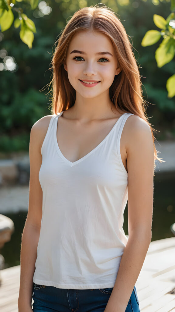 a (((highly detailed and realistic full body image))) featuring a (((stunningly gorgeous teen girl, 14 years old))), with delicate, pale skin and ((very long, red straight hair)), dressed in a ((white, short tank top, deep v-neck and wide front)) that perfectly complements her flawless figure. Her face exudes a sense of serenity and elegance, with (((pale lips))), perfectly aligned and coordinated, and (((adorable eyes))). The image exudes a sense of crisp, full color and luxurious detail. ((She is smiling)) in a way that shows her best features.