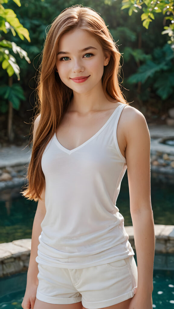 a (((highly detailed and realistic full body image))) featuring a (((stunningly gorgeous teen girl, 14 years old))), with delicate, pale tanned skin and ((very long, red straight hair)), dressed in a ((white, short tank top, deep v-neck and wide front, you can see her belly button)) that perfectly complements her flawless figure. Her face exudes a sense of serenity and elegance, with (((pale lips))), perfectly aligned and coordinated, and (((adorable eyes))). The image exudes a sense of crisp, full color and luxurious detail. ((She is smiling)) in a way that shows her best features.