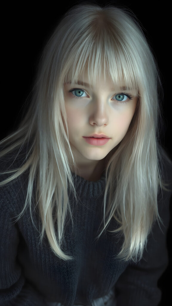 a ((highly detailed, realistic)) (((photo))), capturing a (((young teen girl))), with a delicate yet pale complexion, jet white thick straight hair with bangs, wearing a (((grey wool sweater and grey jeans))), ((stunning)), ((gorgeous)), ((black background)), ((perfect light and shadows)), ((crisp details)), ((rich colors)), (((photo realistic))), ((digital photography)), ((shades of grey)), she is sitting on a chair made of wood