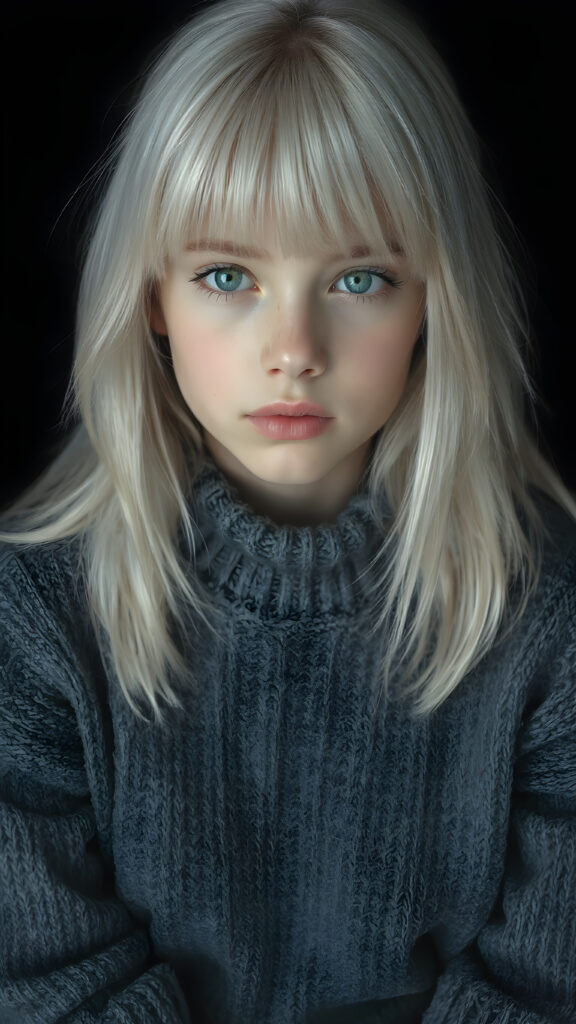 a ((highly detailed, realistic)) (((photo))), capturing a (((young teen girl))), with a delicate yet pale complexion, jet white thick straight hair with bangs, wearing a (((grey wool sweater and grey jeans))), ((stunning)), ((gorgeous)), ((black background)), ((perfect light and shadows)), ((crisp details)), ((rich colors)), (((photo realistic))), ((digital photography)), ((shades of grey)), she is sitting on a chair made of wood