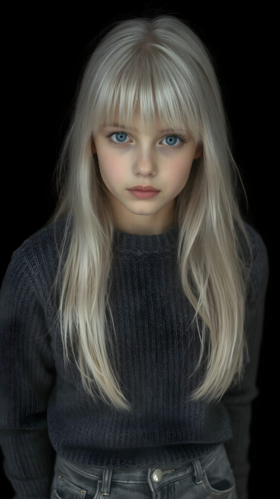 a ((highly detailed, realistic)) (((photo))), capturing a (((young teen girl))), with a delicate yet pale complexion, jet white thick straight hair with bangs, wearing a (((grey wool sweater and grey jeans))), ((stunning)), ((gorgeous)), ((black background)), ((perfect light and shadows)), ((crisp details)), ((rich colors)), (((photo realistic))), ((digital photography)), ((shades of grey)), she is sitting on a chair made of wood