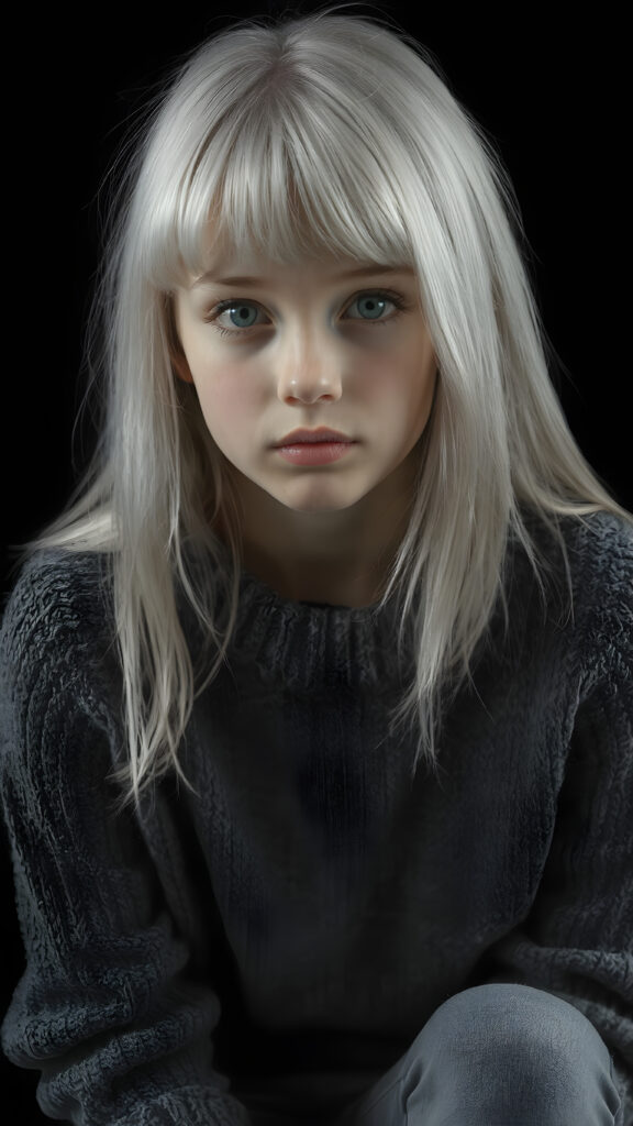 a ((highly detailed, realistic)) (((photo))), capturing a (((young teen girl))), with a delicate yet pale complexion, jet white thick straight hair with bangs, wearing a (((grey wool sweater and grey jeans))), ((stunning)), ((gorgeous)), ((black background)), ((perfect light and shadows)), ((crisp details)), ((rich colors)), (((photo realistic))), ((digital photography)), ((shades of grey)), she is sitting on a chair made of wood