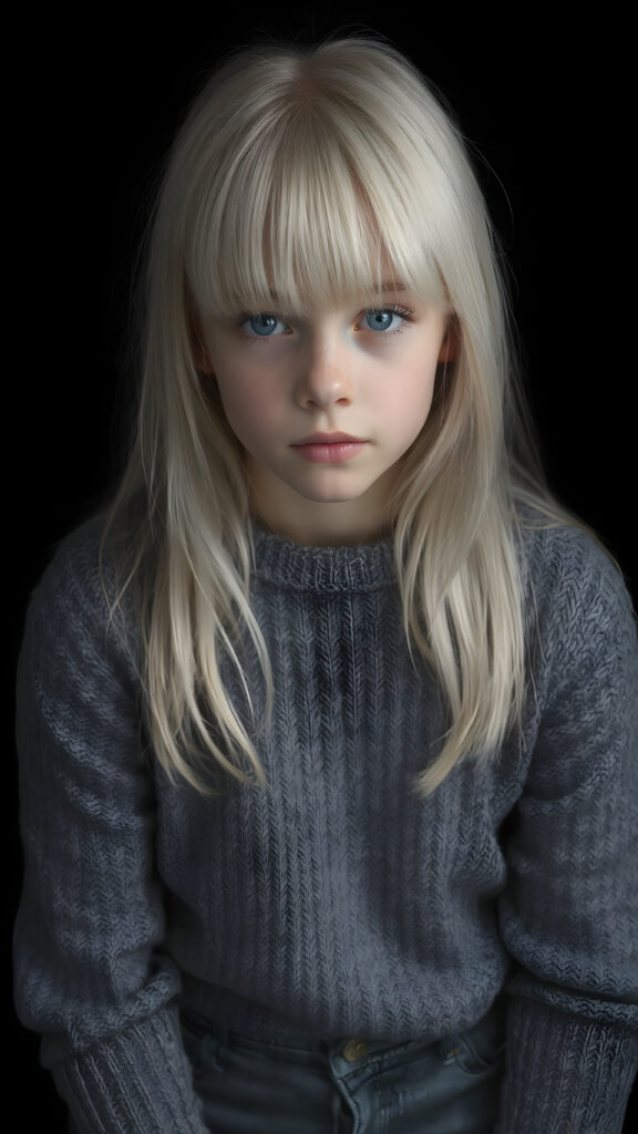 a ((highly detailed, realistic)) (((photo))), capturing a (((young teen girl))), with a delicate yet pale complexion, jet white thick straight hair with bangs, wearing a (((grey wool sweater and grey jeans))), ((stunning)), ((gorgeous)), ((black background)), ((perfect light and shadows)), ((crisp details)), ((rich colors)), (((photo realistic))), ((digital photography)), ((shades of grey)), she is sitting on a chair made of wood