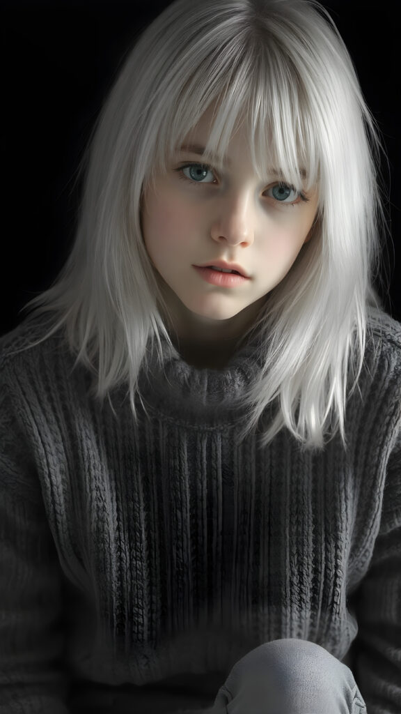 a ((highly detailed, realistic)) (((photo))), capturing a (((young teen girl))), with a delicate yet pale complexion, jet white thick straight hair with bangs, wearing a (((grey wool sweater and grey jeans))), ((stunning)), ((gorgeous)), ((black background)), ((perfect light and shadows)), ((crisp details)), ((rich colors)), (((photo realistic))), ((digital photography)), ((shades of grey)), she is sitting on a chair made of wood