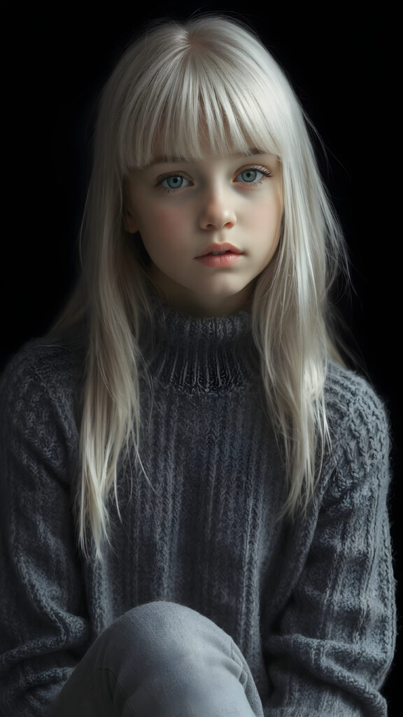 a ((highly detailed, realistic)) (((photo))), capturing a (((young teen girl))), with a delicate yet pale complexion, jet white thick straight hair with bangs, wearing a (((grey wool sweater and grey jeans))), ((stunning)), ((gorgeous)), ((black background)), ((perfect light and shadows)), ((crisp details)), ((rich colors)), (((photo realistic))), ((digital photography)), ((shades of grey)), she is sitting on a chair made of wood