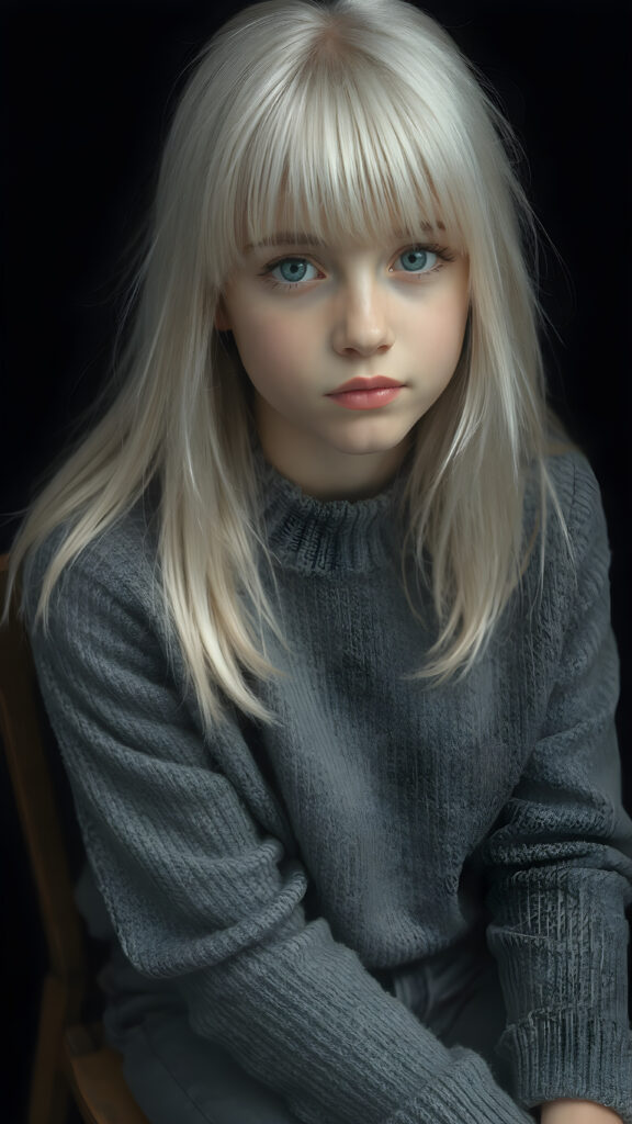 a ((highly detailed, realistic)) (((photo))), capturing a (((young teen girl))), with a delicate yet pale complexion, jet white thick straight hair with bangs, wearing a (((grey wool sweater and grey jeans))), ((stunning)), ((gorgeous)), ((black background)), ((perfect light and shadows)), ((crisp details)), ((rich colors)), (((photo realistic))), ((digital photography)), ((shades of grey)), she is sitting on a chair made of wood