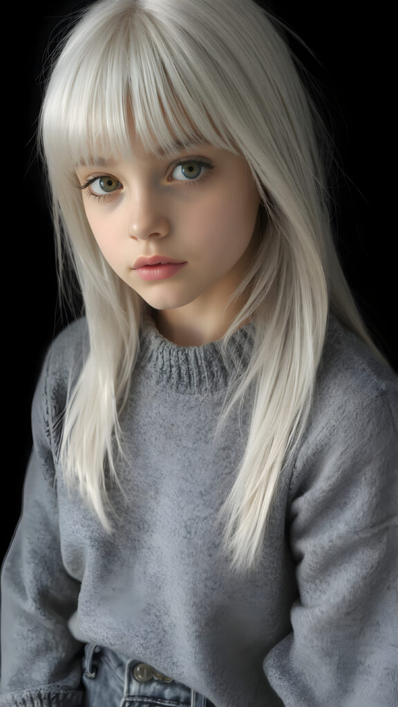 a ((highly detailed, realistic)) (((photo))), capturing a (((young teen girl))), with a delicate yet pale complexion, jet white thick straight hair with bangs, wearing a (((grey wool sweater and grey jeans))), ((stunning)), ((gorgeous)), ((black background)), ((perfect light and shadows)), ((crisp details)), ((rich colors)), (((photo realistic))), ((digital photography)), ((shades of grey)), she is sitting on a chair made of wood