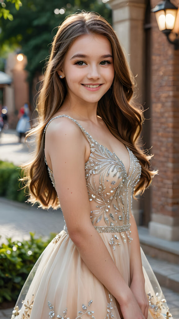 a highly stylized detailed photo of the beautiful (((teen girl))), soft long sleek cooper hair, smile, perfect and fit body, intricate details, ((dressed in a thin prom dress))