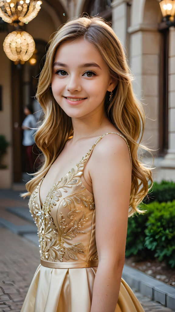 a highly stylized detailed photo of the beautiful (((teen girl))), soft long sleek gold hair, smile, perfect and fit body, intricate details, wearing a thin prom dress