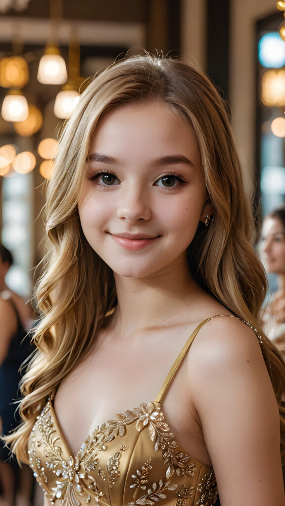 a highly stylized detailed photo of the beautiful (((teen girl))), soft long sleek gold hair, smile, perfect and fit body, intricate details, wearing a thin prom dress