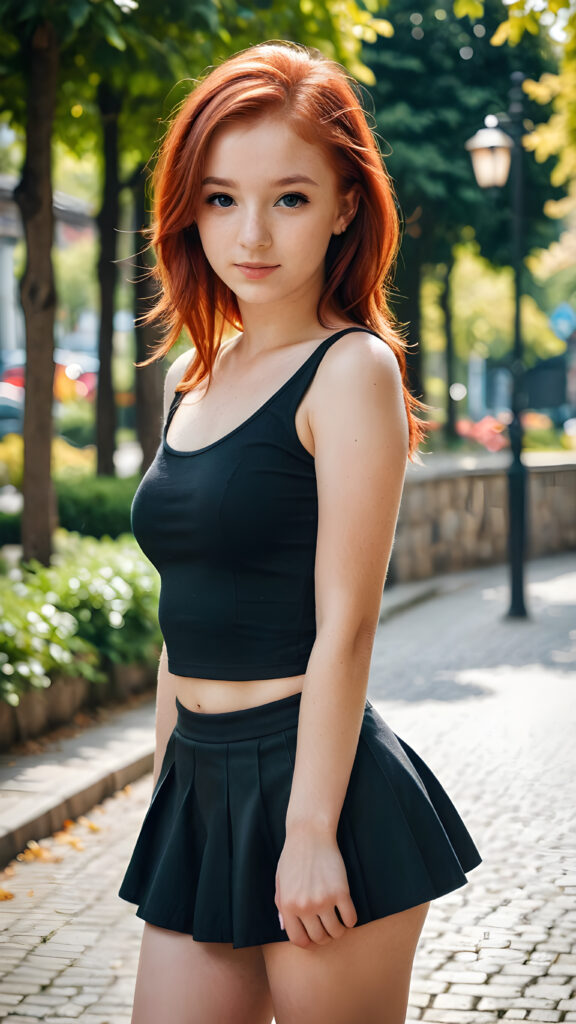 a (((hot young teen girl with red hair, black round mini skirt))) ((stunning)) ((gorgeous)) ((thin dressed))