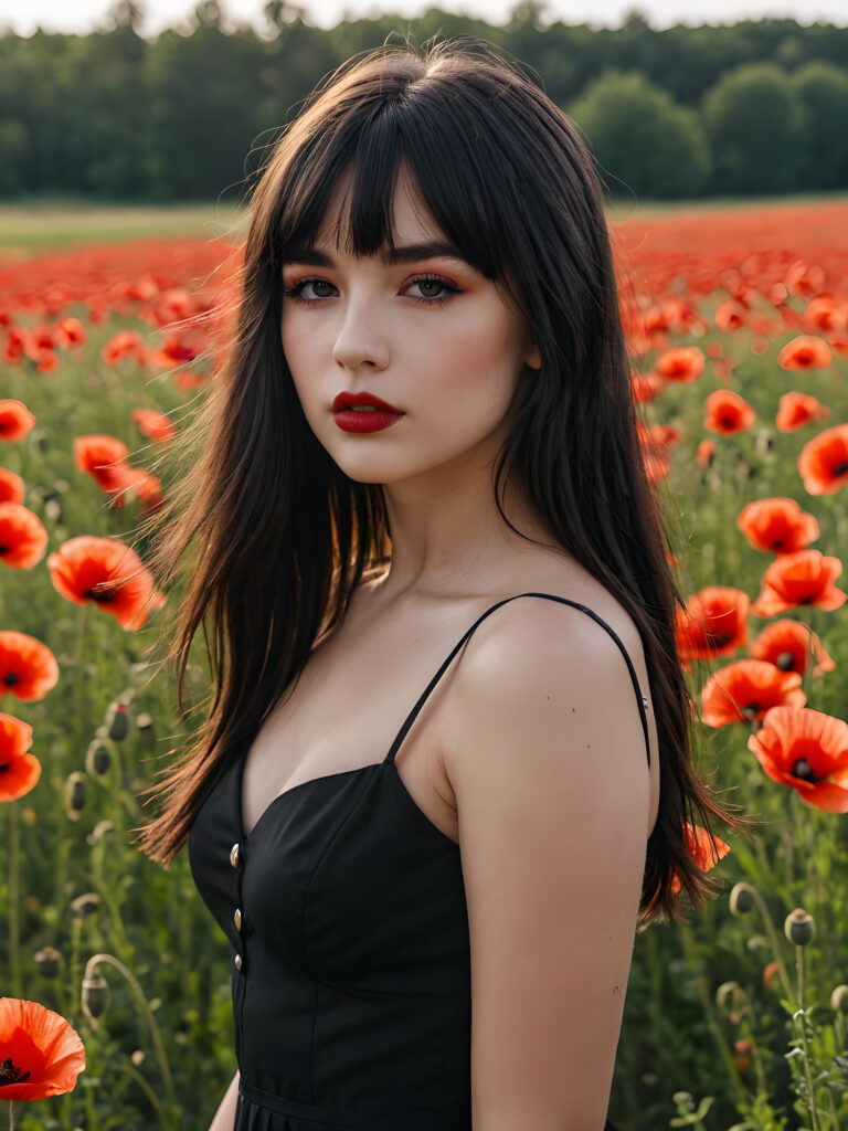 a hot young gotic teen girl in a poppy field, dark straight hair bangs cut, lightly black dressed, perfect body, flirts with the viewer ((stunning)) ((gorgeous)) ((full lips)) ((side view))