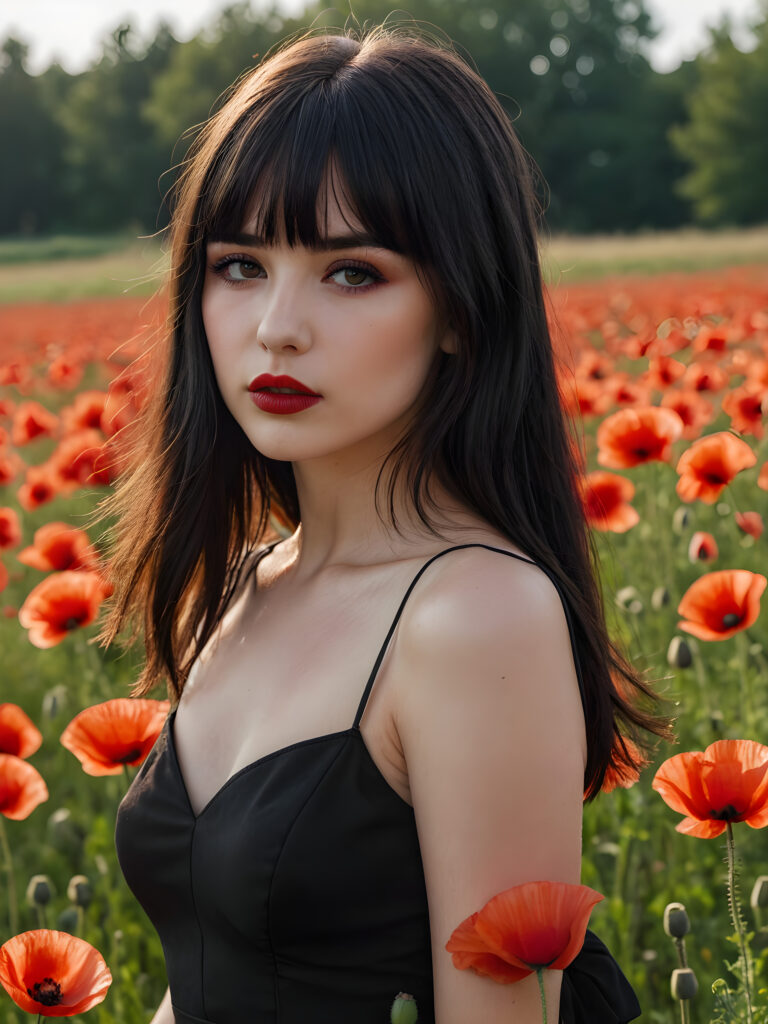 a hot young gotic teen girl in a poppy field, dark straight hair bangs cut, lightly black dressed, perfect body, flirts with the viewer ((stunning)) ((gorgeous)) ((full lips)) ((side view))