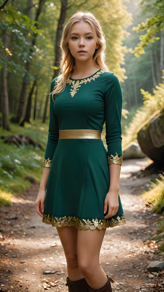 a (hyper-realistic, highly-detailed, full body portrait) of a beautiful, stunning, Norwegian girl with detailed face and dirty blonde hair, she's looking up at the camera, wearing a (hunter green dress with gold and silver detailing) in a (serene, natural setting) under a (dynamic, cool-toned diffuse back-lighting) with warm highlights and crisp details