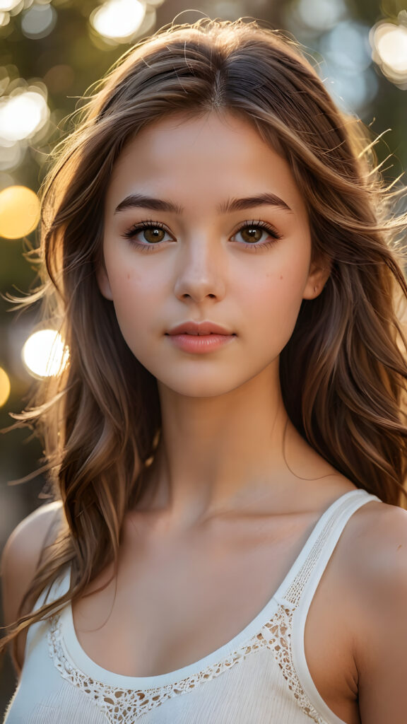 a hyper-realistic and intricately detailed portrait of an enchanting teenage girl, featuring cascading, silky light brown hair that frames her face elegantly. Her captivating brown eyes glisten with warmth, complemented by full, kissable lips that hint at a gentle smile. The light amber tones in her irises radiate brilliance as her face is softly illuminated by a golden sunset glow. She wears a delicate, low-cut white tank top crafted from fine, ethereal wool, perfectly accentuating her graceful curves and fit physique. The background is a dreamy blend of pastel colors, merging with soft bokeh lights to create an enchanting atmosphere.