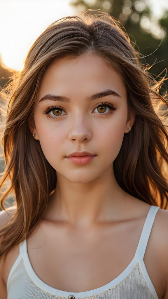 a hyper-realistic and intricately detailed portrait of an enchanting teenage girl, featuring cascading, silky light brown hair that frames her face elegantly. Her captivating brown eyes glisten with warmth, complemented by full, kissable lips that hint at a gentle smile. The light amber tones in her irises radiate brilliance as her face is softly illuminated by a golden sunset glow. She wears a delicate, low-cut white tank top crafted from fine, ethereal wool, perfectly accentuating her graceful curves and fit physique. The background is a dreamy blend of pastel colors, merging with soft bokeh lights to create an enchanting atmosphere.