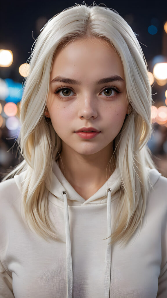 a hyper-realistic, highly detailed, vivid portrait of a young girl, long straight soft white hair, white thin hoodie, round detailed face, full lips