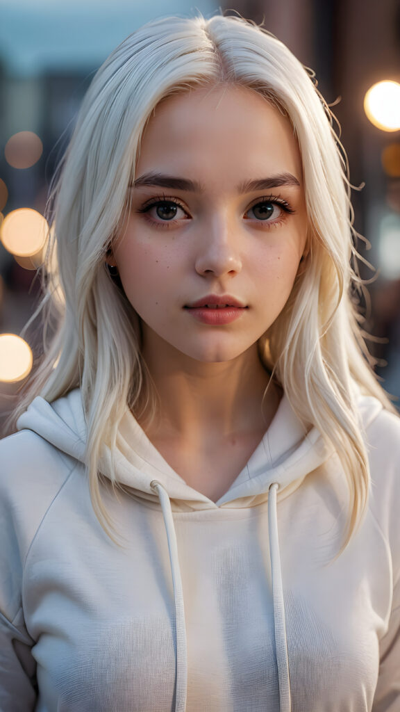 a hyper-realistic, highly detailed, vivid portrait of a young girl, long straight soft white hair, white thin hoodie, round detailed face, full lips