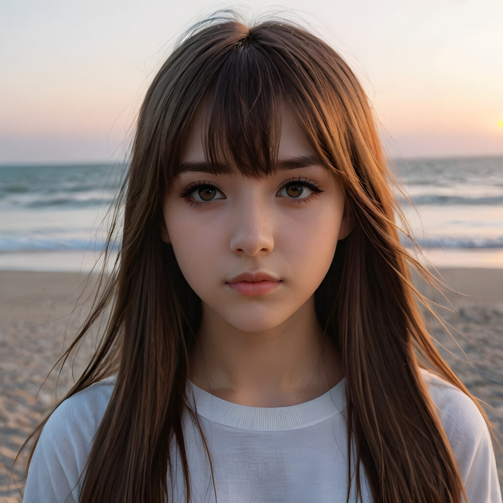 a hyperrealistic drawing of a (((teen emo girl with long, soft brown straight hair framing her face in subtle bangs and realistically expressive eyes, conveying a sense of melancholy and isolation)) standing on a serene yet deserted beach at dawn)