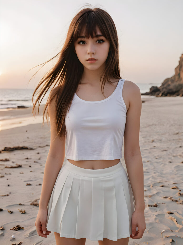 a hyperrealistic drawing of a (((teen emo girl with long, soft brown straight hair framing her face in subtle bangs and realistically expressive eyes, conveying a sense of melancholy and isolation)) standing on a serene yet deserted beach at dawn) ((full body)) ((white crop top, mini skirt))