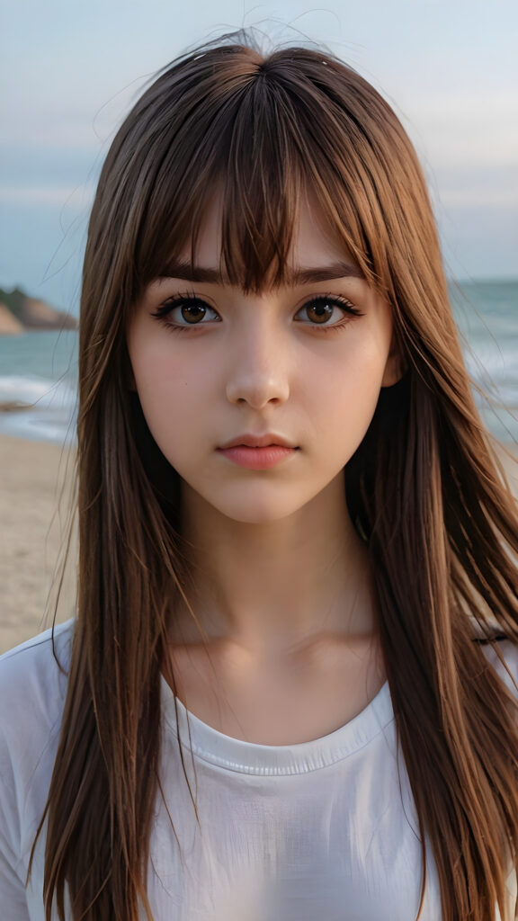 a hyperrealistic drawing of a (((teen emo girl with long, soft brown straight hair framing her face in subtle bangs and realistically expressive eyes, conveying a sense of melancholy and isolation)) standing on a serene yet deserted beach at dawn)