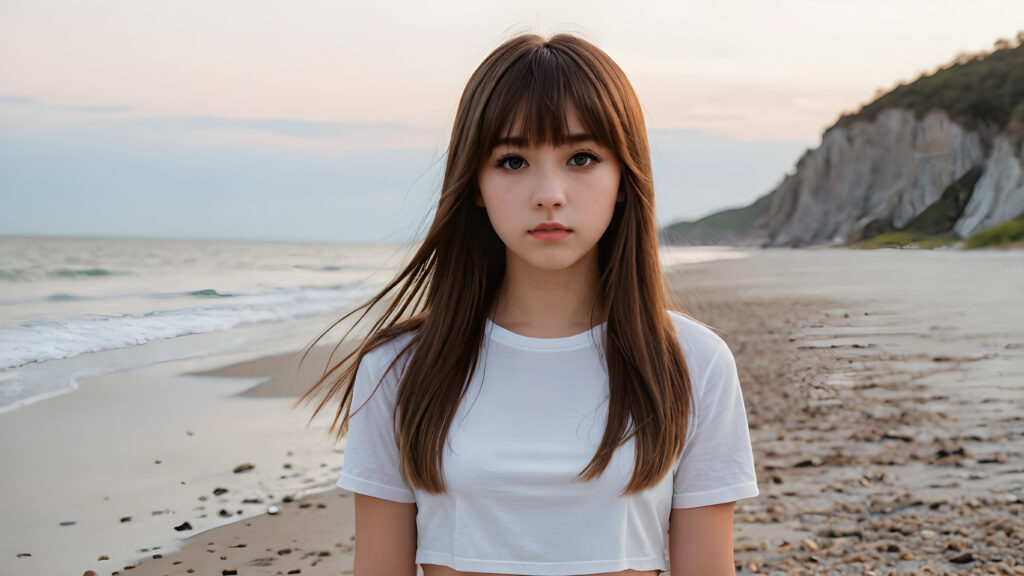 a hyperrealistic drawing of a (((teen emo girl with long, soft brown straight hair framing her face in subtle bangs and realistically expressive eyes, conveying a sense of melancholy and isolation)) standing on a serene yet deserted beach at dawn) ((full body)) ((white crop top, mini skirt))