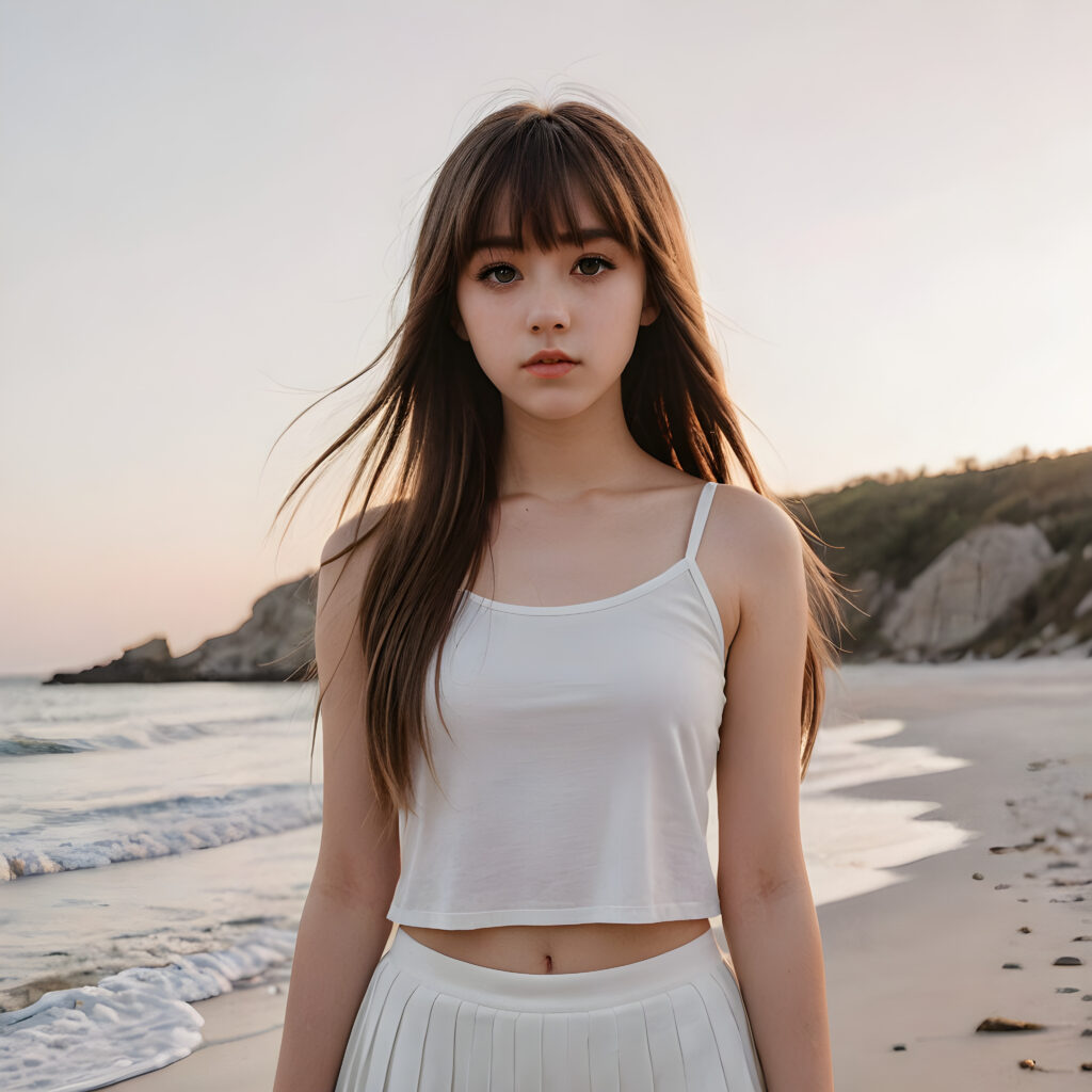 a hyperrealistic drawing of a (((teen emo girl with long, soft brown straight hair framing her face in subtle bangs and realistically expressive eyes, conveying a sense of melancholy and isolation)) standing on a serene yet deserted beach at dawn) ((full body)) ((white crop top, mini skirt))