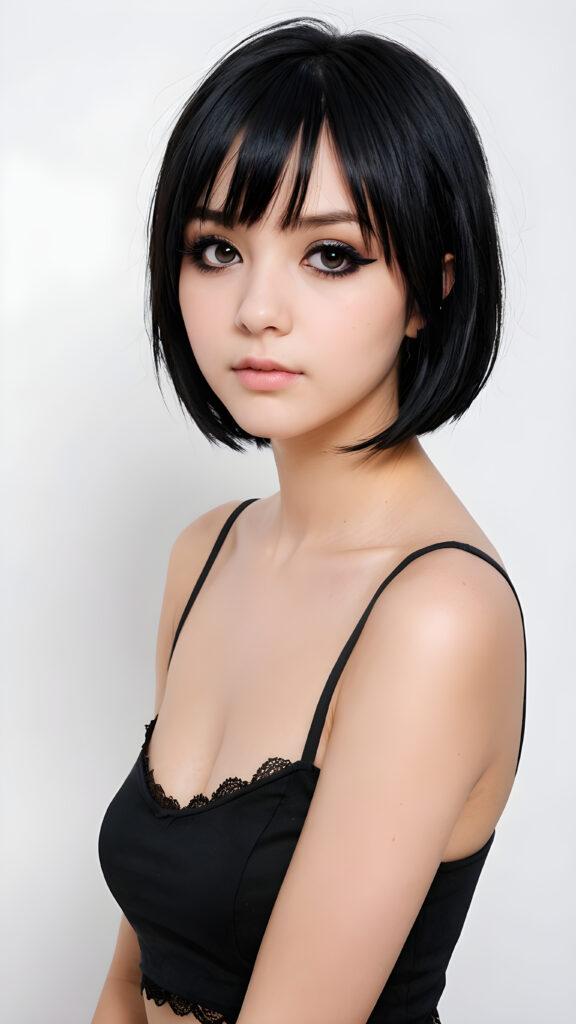 a innocent ((cute little Emo teen girl)), straight black hair, ((round face)), bob bangs cut, black eyeliner, looks seductive, black dressed in a crop top, ((white background))