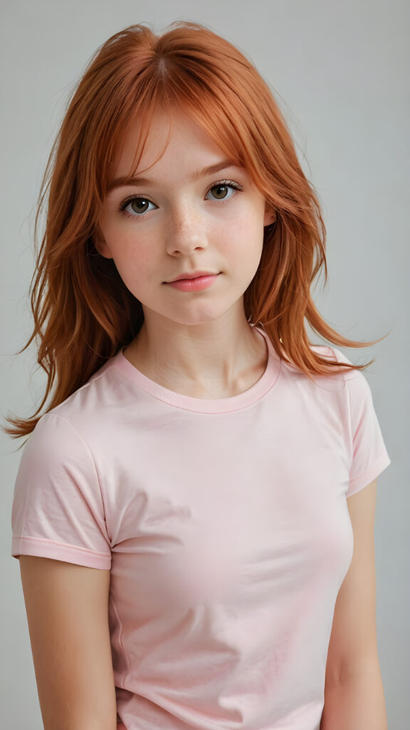 a innocent ((cute little red-haired teen girl)), straight hair, wears a light pink thin form-fitting t-shirt