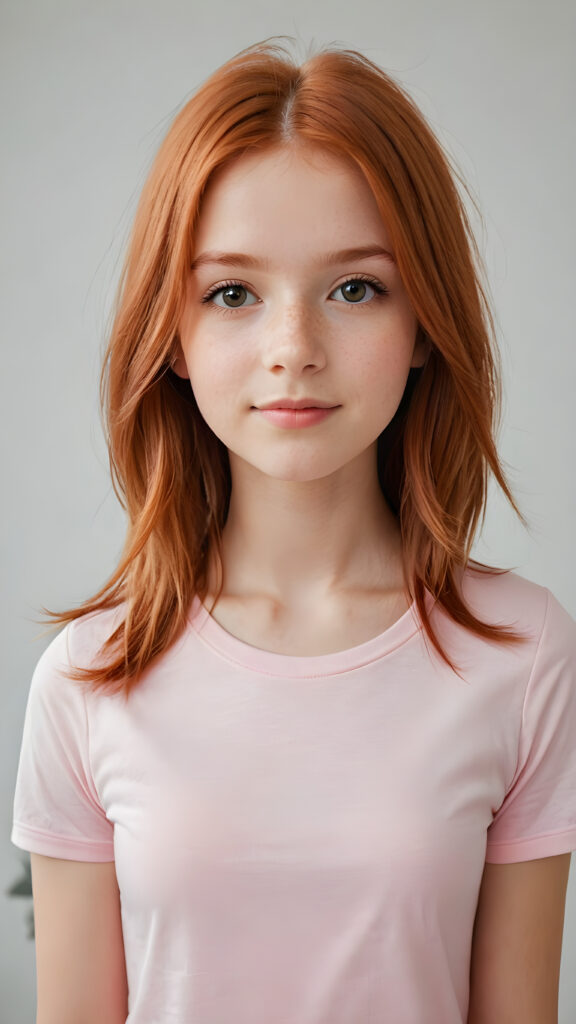 a innocent ((cute little red-haired teen girl)), straight hair, wears a light pink thin form-fitting t-shirt