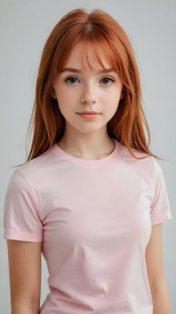 a innocent ((cute little red-haired teen girl)), straight hair, wears a light pink thin form-fitting t-shirt