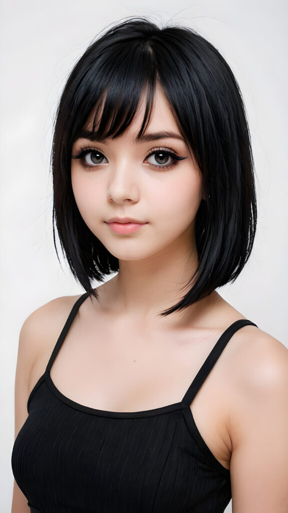 a innocent ((cute little Emo teen girl)), straight black hair, ((round face)), bob bangs cut, black eyeliner, looks seductive, black dressed in a crop top, ((white background))